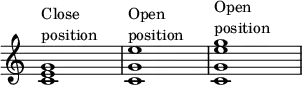 {
\override Score.TimeSignature
#'stencil = ##f
\override Score.SpacingSpanner.strict-note-spacing = ##t
\set Score.proportionalNotationDuration = #(ly:make-moment 1/4)
\time 4/4
\set Staff.midiInstrument = #"vibraphone"
\relative c' { 
      <c e g>1^\markup { \column { "Close" "position" } }
      <c g' e'>^\markup { \column { "Open" "position" } }
      <c g' e' g>^\markup { \column { "Open" "position" } }
   }
}