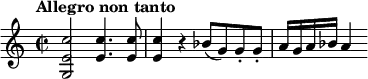 \relative c'' {
  \key c \major
  \time 2/2
  \tempo "Allegro non tanto"
  <c e, g,>2 <c e,>4. <c e,>8 | <c e,>4 r bes8(g) g-. g-. | a16 g a bes a4
}