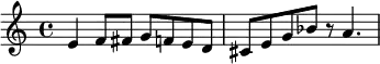 {
\relative c' {
  e4 f8 fis g f e d cis e g bes r a4.
} }