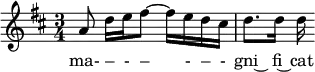 \relative c'' { \clef treble \time 3/4 \key d \major \partial 8*5 a8 d16 e fis8~ fis16 e d cis | d8. d16 d }   \addlyrics { ma- – - – - – - gni~ fi~ cat }