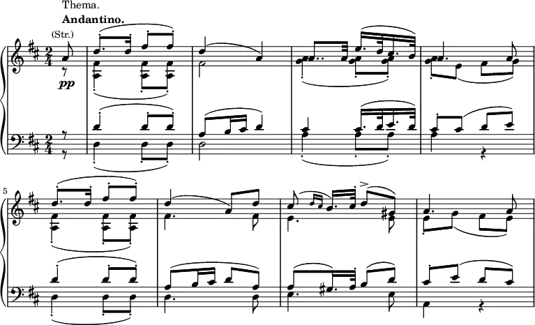 \new GrandStaff <<
  \new Staff { \key d \major \time 2/4 \partial 8 \set Score.tempoHideNote = ##t \tempo "" 8 = 116
<<
\relative d''{
 a8^\markup { \column {\line { Thema. } \line \bold { Andantino. } \line \center-align \smaller { (Str.) } } } d8.-.( d16-. fis8-. fis8-.) d4( a) a8.. a32 e'16.( d32 cis16. b32) a4. a8 d8.-.( d16-. fis8-. fis8-.) d4( a8) d8 cis8( \grace {d16 cis} b16.) cis32-. d8->( gis,8) a4. a8 
}
\\
\relative d'{r8 <fis a,>4-.( q8-. q8-.) fis2 <g a>4-.( q8-. q8-.) q8-. e( fis g) <fis a,>4-.( q8-. q8-.) fis4. fis8 e4. e8 e8-. g( fis e)}
>>
}
   \new Dynamics {s8\pp}
  \new Staff {\clef bass \key d \major \time 2/4 \partial 8 
<<
\relative d' {r8 d4-.( d8-. d8-.) a8( b16 cis d4) cis cis16.( d32 e16. d32) cis8-. cis( d e) d4-.( d8-. d8-.) a8( b16 cis d8 a8) a8( gis16.) a32-. b8( d) cis-. e( d cis)}
\\
\relative d {r8 d4-.( d8-. d8-.) d2 a'4-.( a8-. a8-.) a4 r4 d,4-.( d8-. d8-.) d4. d8 e4. e8 a,4 r4 }
>>
}
>>