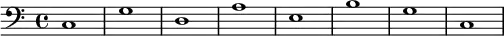 {
        \new Staff <<
            \new Voice \relative c' {
                \stemDown \clef bass \key c \major \time 4/4 \tempo 1 = 60 \set Score.tempoHideNote = ##t
                c,1 g' d a' e b' g c,
                }
            >>
     }