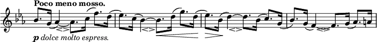 \relative c' \new Staff \with { \remove "Time_signature_engraver" } {
 \key es \major \time 4/4 \tempo "Poco meno mosso."
  bes'8. _\markup { \dynamic p \italic { dolce molto espress. } } g16( << aes4)~ { s8 s8_\espressivo } >> aes8. c16( f8.) d16( es8.) c16( << bes4)~ { s8 s8_\espressivo } >> bes8.\< d16( g8.) d16
  ( es8.)\> bes16\!( << d4)~ { s8 s8_\espressivo } >> d8. bes16( c8.) g16( bes8.) g16( << f4)~ { s8 s8_\espressivo } >> f8. g16( aes8.) a16
}