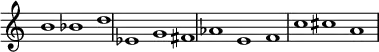 {
#(set-global-staff-size 18)
\override Score.TimeSignature
#'stencil = ##f
\override Score.SpacingSpanner.strict-note-spacing = ##t
  \set Score.proportionalNotationDuration = #(ly:make-moment 2/1)
    \relative c'' {
        \time 3/1
        \set Score.tempoHideNote = ##t \tempo 1 = 60
        b1 bes d  
        es, g fis  
        aes e f  
        c' cis a
    }
}