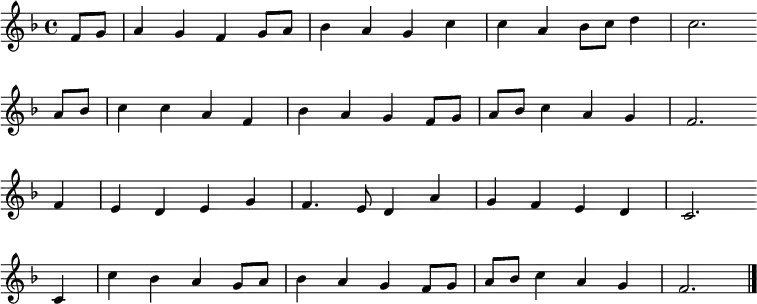 \new Staff <<
\clef treble \key f \major {
      \time 4/4 \partial 4     
      \relative f' {
	f8 g | a4 g f g8 a | bes4 a g c | c a bes8 c d4 | c2. \bar"" \break
        a8 bes | c4 c a f | bes a g f8 g | a bes c4 a g | f2. \bar"" \break
        f4 | e d e g | f4. e8 d4 a' | g f e d | c2. \bar"" \break
        c4 | c' bes a g8 a | bes4 a g f8 g | a bes c4 a g | f2. \bar"|."
      }
    }
%\new Lyrics \lyricmode {
%}
>>
\layout { indent = #0 }
\midi { \tempo 4 = 86 }