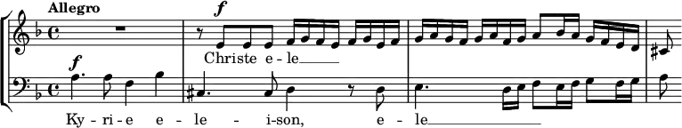 { \new StaffGroup <<
        \new Staff <<
            \tempo Allegro
            \set Staff.midiInstrument = #"voice oohs"
            \clef treble \key d \minor \time 4/4
            \relative c'' {
                \set Score.tempoHideNote = ##t \tempo 4 = 112
                \clef treble \key d \minor \time 4/4
                R1 r8 e,^\markup {\dynamic f} e e f16 g f e f g e f g a g f g a f g a8 bes16 a g f e d cis8
                }
            \addlyrics { Chri -- ste e -- le __ _ _ _ }
            >>
        \new Staff <<
            \set Staff.midiInstrument = #"voice oohs"
            \clef bass \key d \minor \time 4/4
            \new Voice \relative c' {
                a4.^\markup {\dynamic f} a8 f4 bes cis,4. cis8 d4 r8 d e4. d16 e f8 e16 f g8 f16 g a8
                }
            \addlyrics { Ky -- ri -- e  e -- le -- i -- son, e -- le __ _ _ _ }
            >>
    >> }