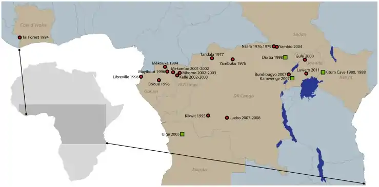 Ebola (and Marburg virus depicted as green squares) outbreaks on the African continent, both from the Filoviridae family"Ebola Virus Disease Distribution Map: Cases of Ebola Virus Disease in Africa Since 1976". Centers for Disease Control and Prevention (CDC). 22 May 2018. Retrieved 10 October 2018..mw-parser-output cite.citation{font-style:inherit}.mw-parser-output .citation q{quotes:"\"""\"""'""'"}.mw-parser-output .id-lock-free a,.mw-parser-output .citation .cs1-lock-free a{background:linear-gradient(transparent,transparent),url("//upload.wikimedia.org/wikipedia/commons/6/65/Lock-green.svg")right 0.1em center/9px no-repeat}.mw-parser-output .id-lock-limited a,.mw-parser-output .id-lock-registration a,.mw-parser-output .citation .cs1-lock-limited a,.mw-parser-output .citation .cs1-lock-registration a{background:linear-gradient(transparent,transparent),url("//upload.wikimedia.org/wikipedia/commons/d/d6/Lock-gray-alt-2.svg")right 0.1em center/9px no-repeat}.mw-parser-output .id-lock-subscription a,.mw-parser-output .citation .cs1-lock-subscription a{background:linear-gradient(transparent,transparent),url("//upload.wikimedia.org/wikipedia/commons/a/aa/Lock-red-alt-2.svg")right 0.1em center/9px no-repeat}.mw-parser-output .cs1-subscription,.mw-parser-output .cs1-registration{color:#555}.mw-parser-output .cs1-subscription span,.mw-parser-output .cs1-registration span{border-bottom:1px dotted;cursor:help}.mw-parser-output .cs1-ws-icon a{background:linear-gradient(transparent,transparent),url("//upload.wikimedia.org/wikipedia/commons/4/4c/Wikisource-logo.svg")right 0.1em center/12px no-repeat}.mw-parser-output code.cs1-code{color:inherit;background:inherit;border:none;padding:inherit}.mw-parser-output .cs1-hidden-error{display:none;font-size:100%}.mw-parser-output .cs1-visible-error{font-size:100%}.mw-parser-output .cs1-maint{display:none;color:#33aa33;margin-left:0.3em}.mw-parser-output .cs1-subscription,.mw-parser-output .cs1-registration,.mw-parser-output .cs1-format{font-size:95%}.mw-parser-output .cs1-kern-left,.mw-parser-output .cs1-kern-wl-left{padding-left:0.2em}.mw-parser-output .cs1-kern-right,.mw-parser-output .cs1-kern-wl-right{padding-right:0.2em}.mw-parser-output .citation .mw-selflink{font-weight:inherit}"Chronology of Marburg Hemorrhagic Fever Outbreaks". Centers for Disease Control and Prevention (CDC). Retrieved 10 October 2018..mw-parser-output cite.citation{font-style:inherit}.mw-parser-output .citation q{quotes:"\"""\"""'""'"}.mw-parser-output .id-lock-free a,.mw-parser-output .citation .cs1-lock-free a{background:linear-gradient(transparent,transparent),url("//upload.wikimedia.org/wikipedia/commons/6/65/Lock-green.svg")right 0.1em center/9px no-repeat}.mw-parser-output .id-lock-limited a,.mw-parser-output .id-lock-registration a,.mw-parser-output .citation .cs1-lock-limited a,.mw-parser-output .citation .cs1-lock-registration a{background:linear-gradient(transparent,transparent),url("//upload.wikimedia.org/wikipedia/commons/d/d6/Lock-gray-alt-2.svg")right 0.1em center/9px no-repeat}.mw-parser-output .id-lock-subscription a,.mw-parser-output .citation .cs1-lock-subscription a{background:linear-gradient(transparent,transparent),url("//upload.wikimedia.org/wikipedia/commons/a/aa/Lock-red-alt-2.svg")right 0.1em center/9px no-repeat}.mw-parser-output .cs1-subscription,.mw-parser-output .cs1-registration{color:#555}.mw-parser-output .cs1-subscription span,.mw-parser-output .cs1-registration span{border-bottom:1px dotted;cursor:help}.mw-parser-output .cs1-ws-icon a{background:linear-gradient(transparent,transparent),url("//upload.wikimedia.org/wikipedia/commons/4/4c/Wikisource-logo.svg")right 0.1em center/12px no-repeat}.mw-parser-output code.cs1-code{color:inherit;background:inherit;border:none;padding:inherit}.mw-parser-output .cs1-hidden-error{display:none;font-size:100%}.mw-parser-output .cs1-visible-error{font-size:100%}.mw-parser-output .cs1-maint{display:none;color:#33aa33;margin-left:0.3em}.mw-parser-output .cs1-subscription,.mw-parser-output .cs1-registration,.mw-parser-output .cs1-format{font-size:95%}.mw-parser-output .cs1-kern-left,.mw-parser-output .cs1-kern-wl-left{padding-left:0.2em}.mw-parser-output .cs1-kern-right,.mw-parser-output .cs1-kern-wl-right{padding-right:0.2em}.mw-parser-output .citation .mw-selflink{font-weight:inherit}McNeil A., Rollin P. cc by sa
